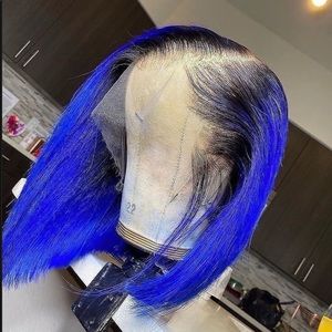 Blue bob with black roots Human Virgin Hair Pre Plucked Lace Front Wig